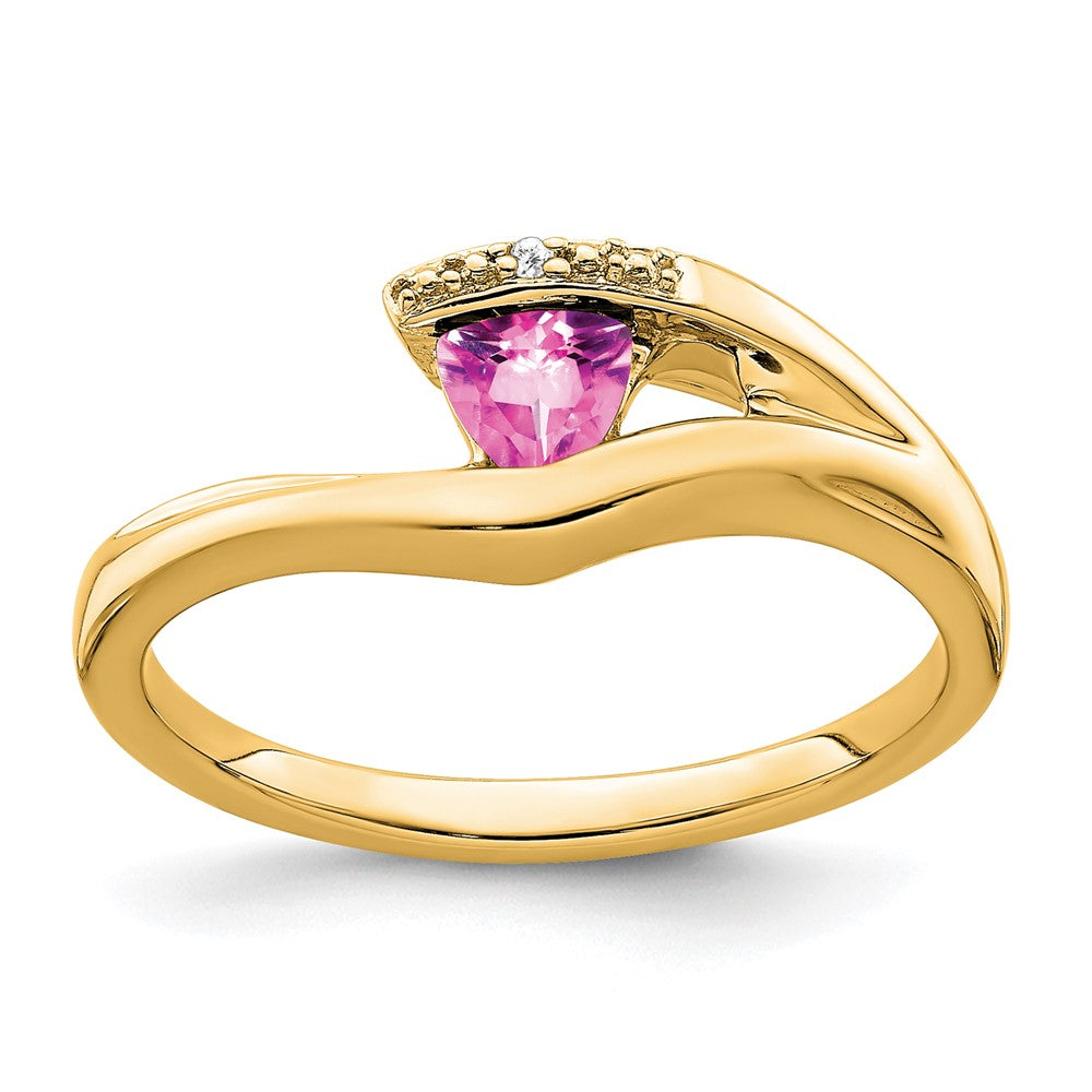 14K Gelbgold Ring mit trillionförmigem, synthetischem Pinksaphir und echten Diamanten
