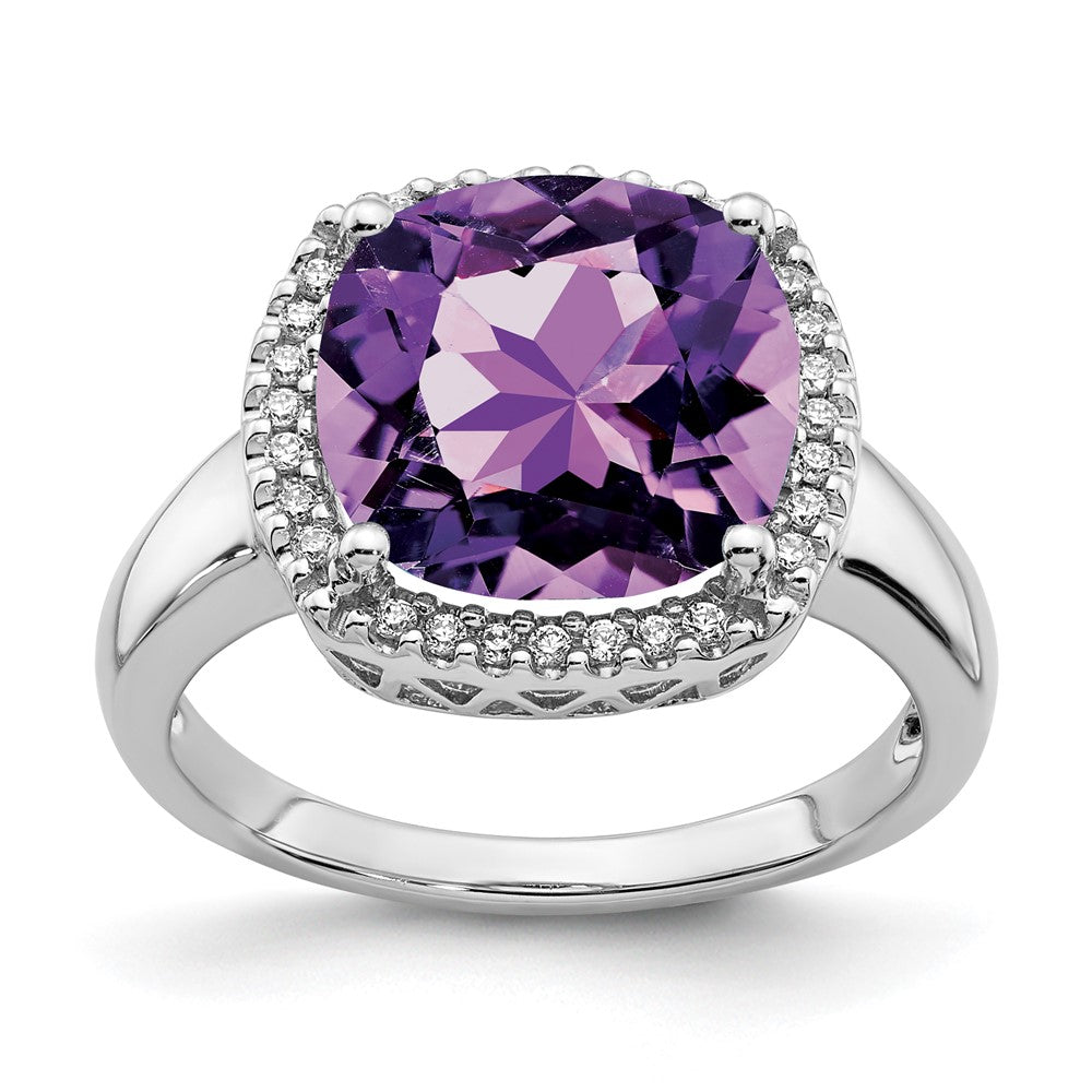 14K Weißgold Ring mit Amethyst und echtem Diamant