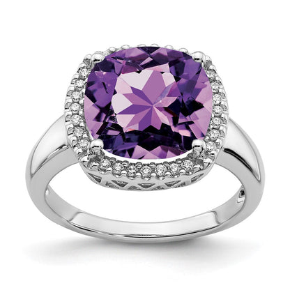 14K Weißgold Ring mit Amethyst und echtem Diamant