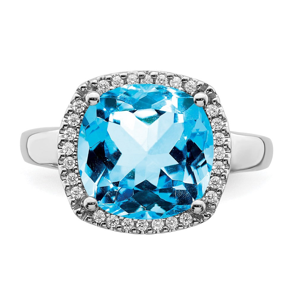 14K Weißgold Ring mit Blautopas und echten Diamanten