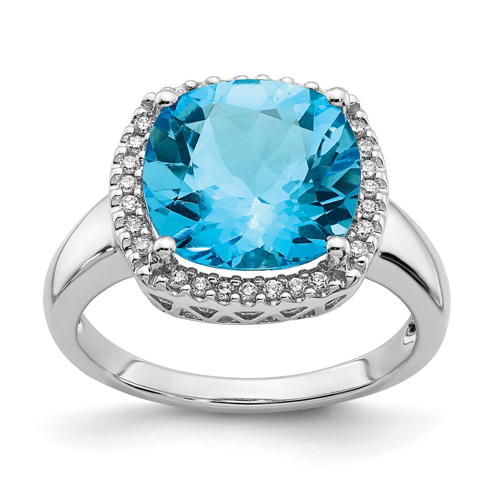 14K Weißgold Ring mit Blautopas und echten Diamanten