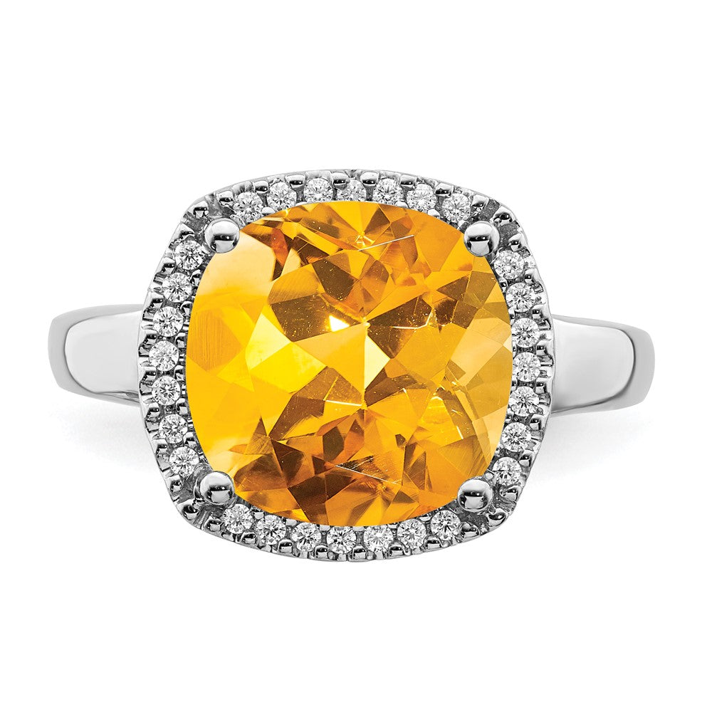 14K Weißgold Ring mit Citrin und echtem Diamant