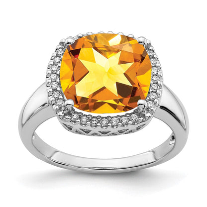 14K Weißgold Ring mit Citrin und echtem Diamant