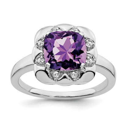 14K Weißgold Ring mit Amethyst und echtem Diamant
