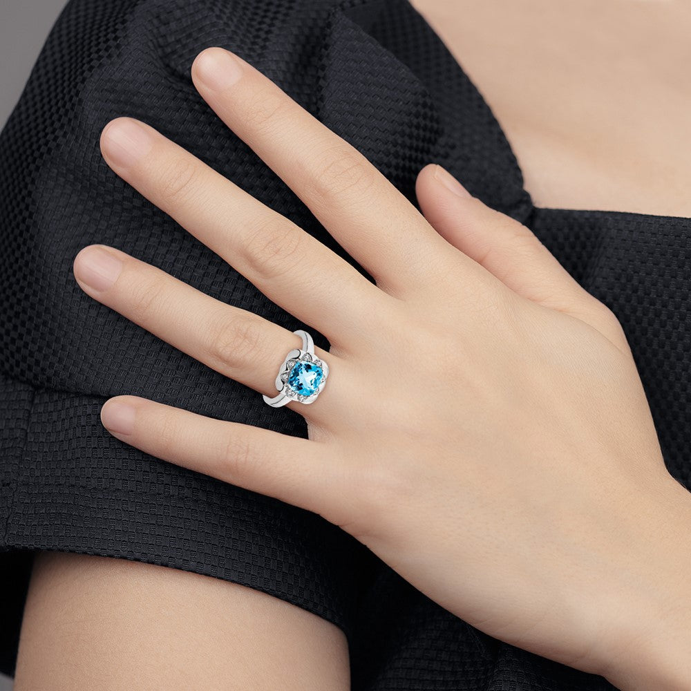 14K Weißgold Ring mit blauem Topas und echten Diamanten