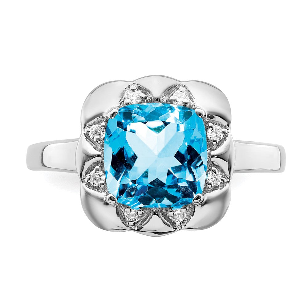 14K Weißgold Ring mit blauem Topas und echten Diamanten