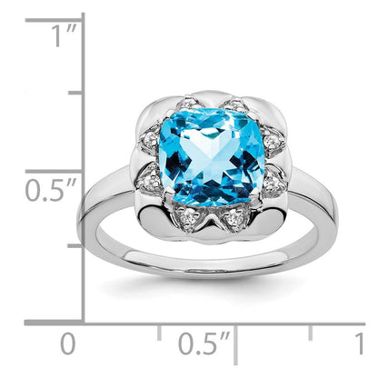 14K Weißgold Ring mit blauem Topas und echten Diamanten