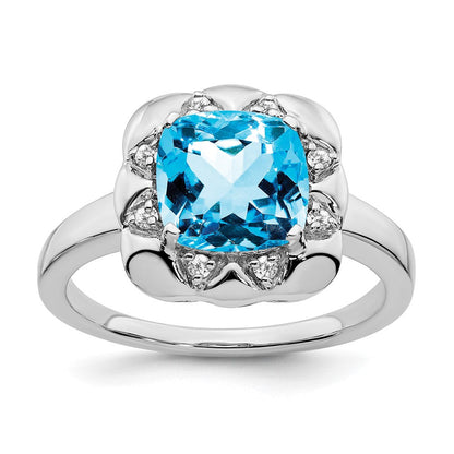 14K Weißgold Ring mit blauem Topas und echten Diamanten