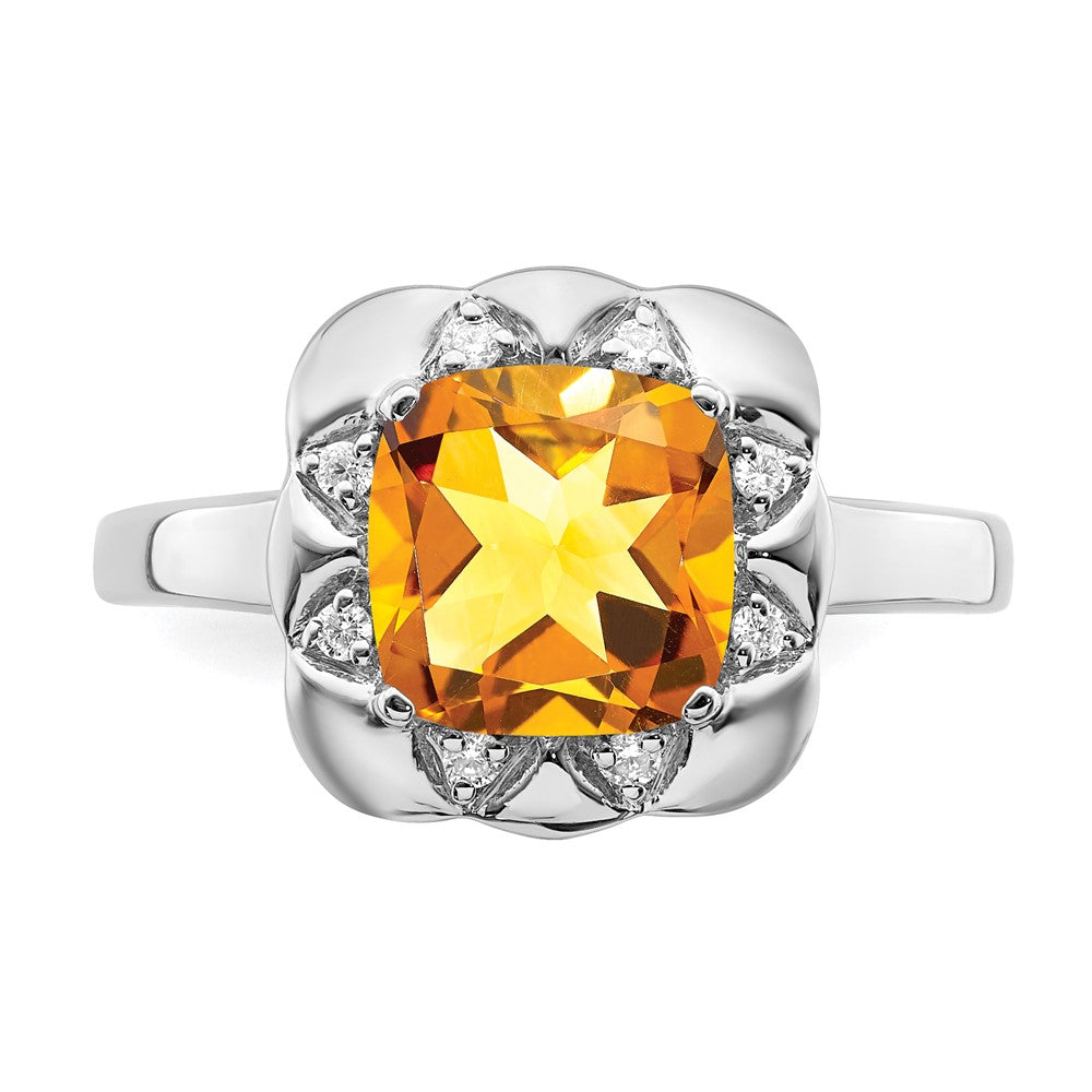 14K Weißgold Ring mit Citrin und echten Diamanten
