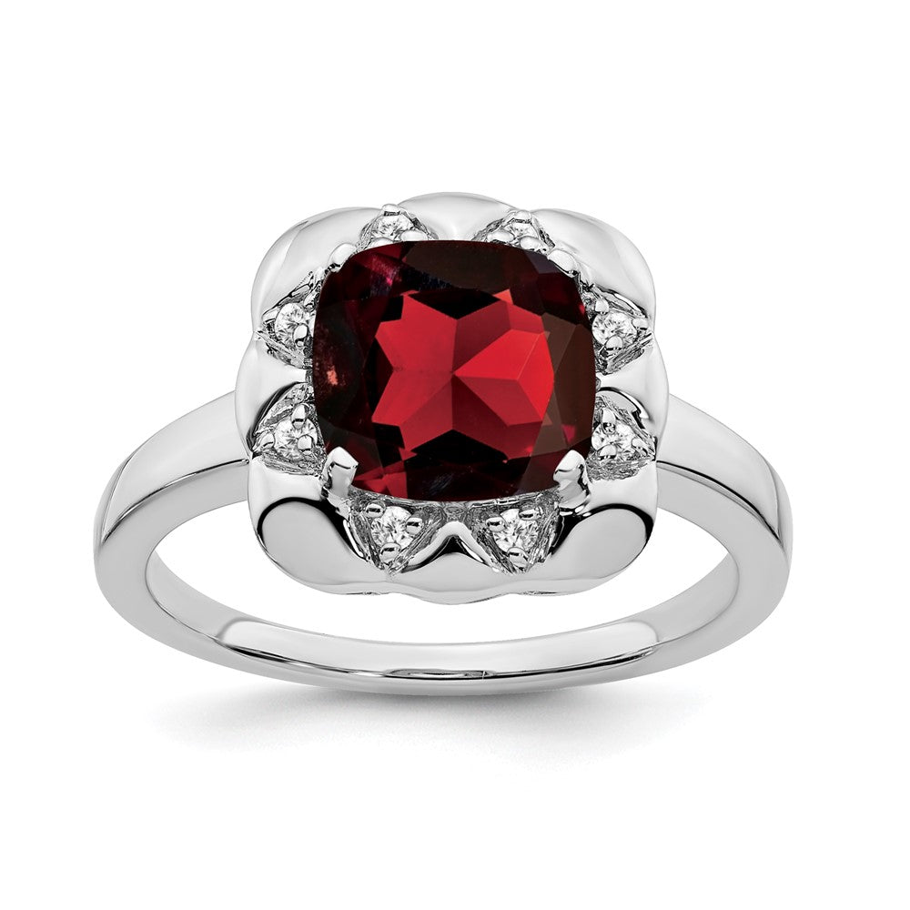 14K Weißgold Ring mit Granat und echten Diamanten