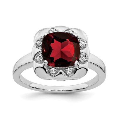 14K Weißgold Ring mit Granat und echten Diamanten