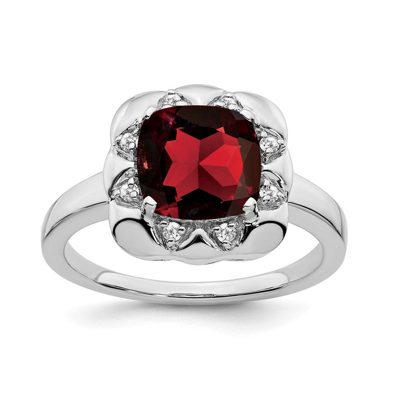 14K Weißgold Ring mit Granat und echten Diamanten