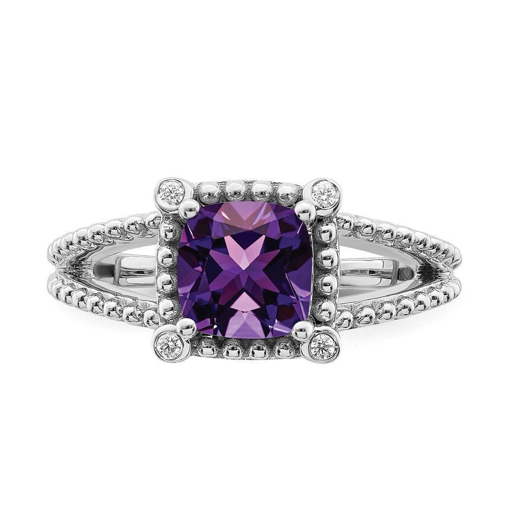 14K Weißgold Ring mit Kissenschliff-Amethyst und echten Diamanten