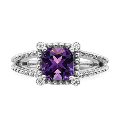 14K Weißgold Ring mit Kissenschliff-Amethyst und echten Diamanten