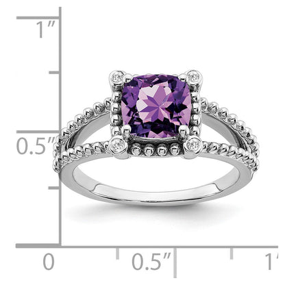 14K Weißgold Ring mit Kissenschliff-Amethyst und echten Diamanten