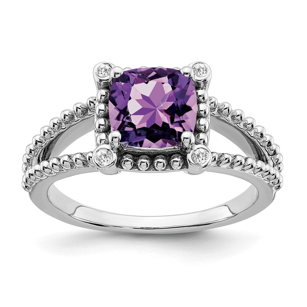 14K Weißgold Ring mit Kissenschliff-Amethyst und echten Diamanten