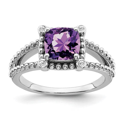 14K Weißgold Ring mit Kissenschliff-Amethyst und echten Diamanten
