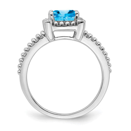 14K Weißgold Ring mit Kissenschliff-Blautopas und echten Diamanten