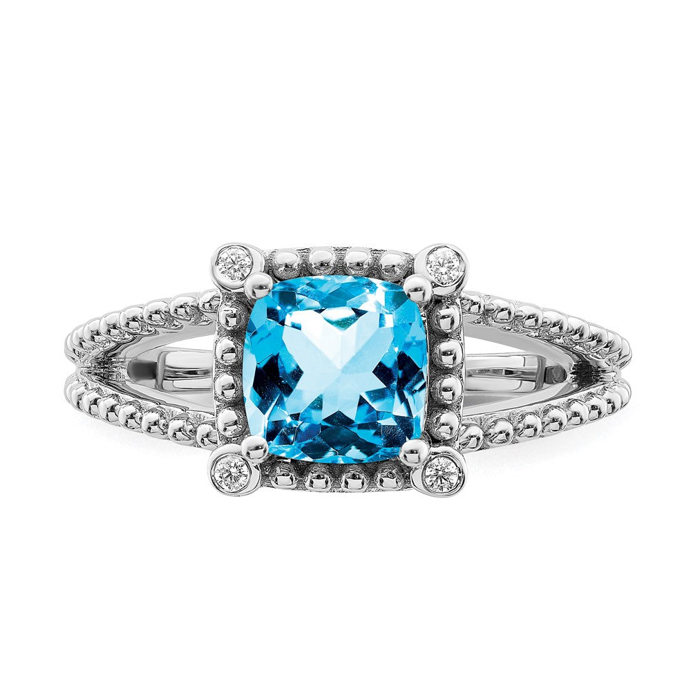 14K Weißgold Ring mit Kissenschliff-Blautopas und echten Diamanten