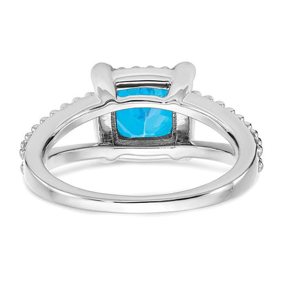 14K Weißgold Ring mit Kissenschliff-Blautopas und echten Diamanten