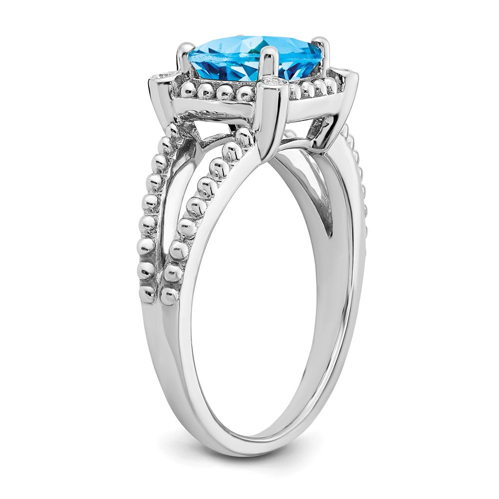 14K Weißgold Ring mit Kissenschliff-Blautopas und echten Diamanten