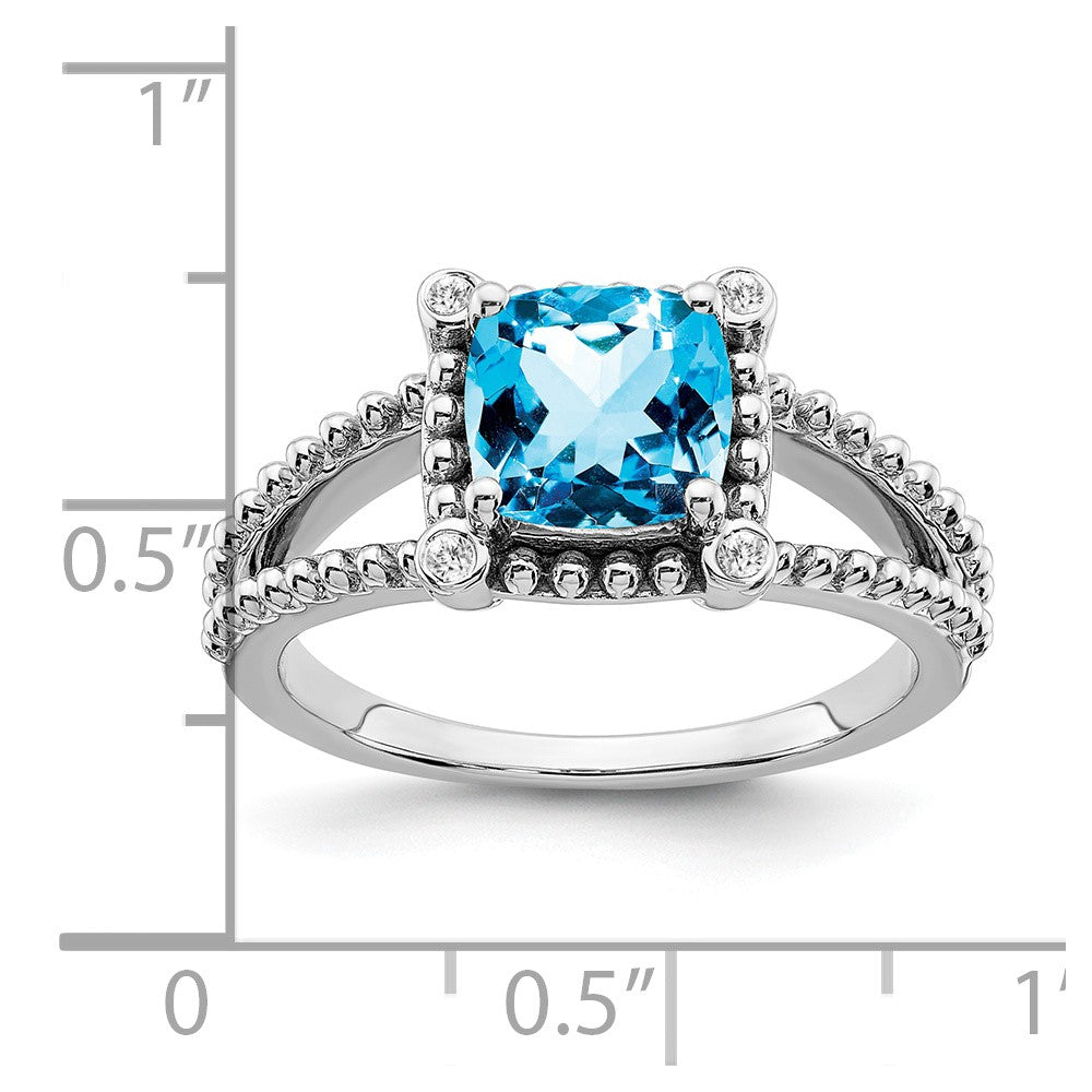 14K Weißgold Ring mit Kissenschliff-Blautopas und echten Diamanten