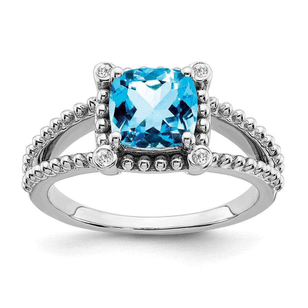14K Weißgold Ring mit Kissenschliff-Blautopas und echten Diamanten