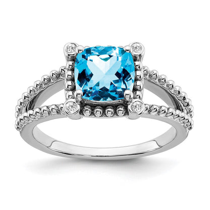 14K Weißgold Ring mit Kissenschliff-Blautopas und echten Diamanten