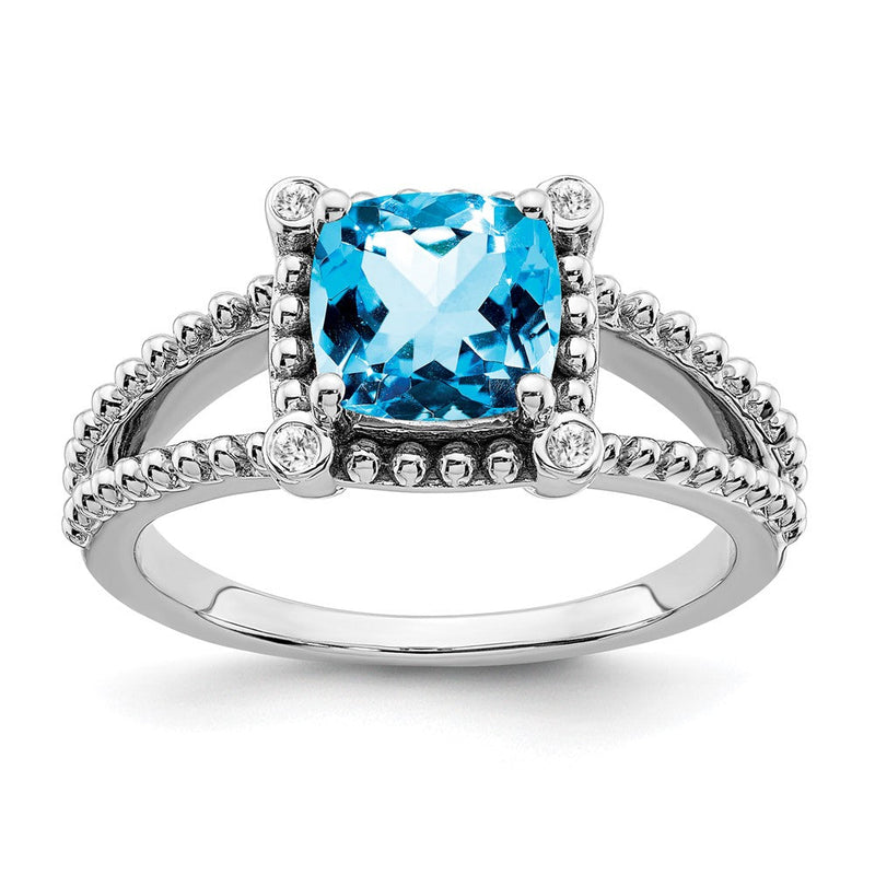 14K Weißgold Ring mit Kissenschliff-Blautopas und echten Diamanten