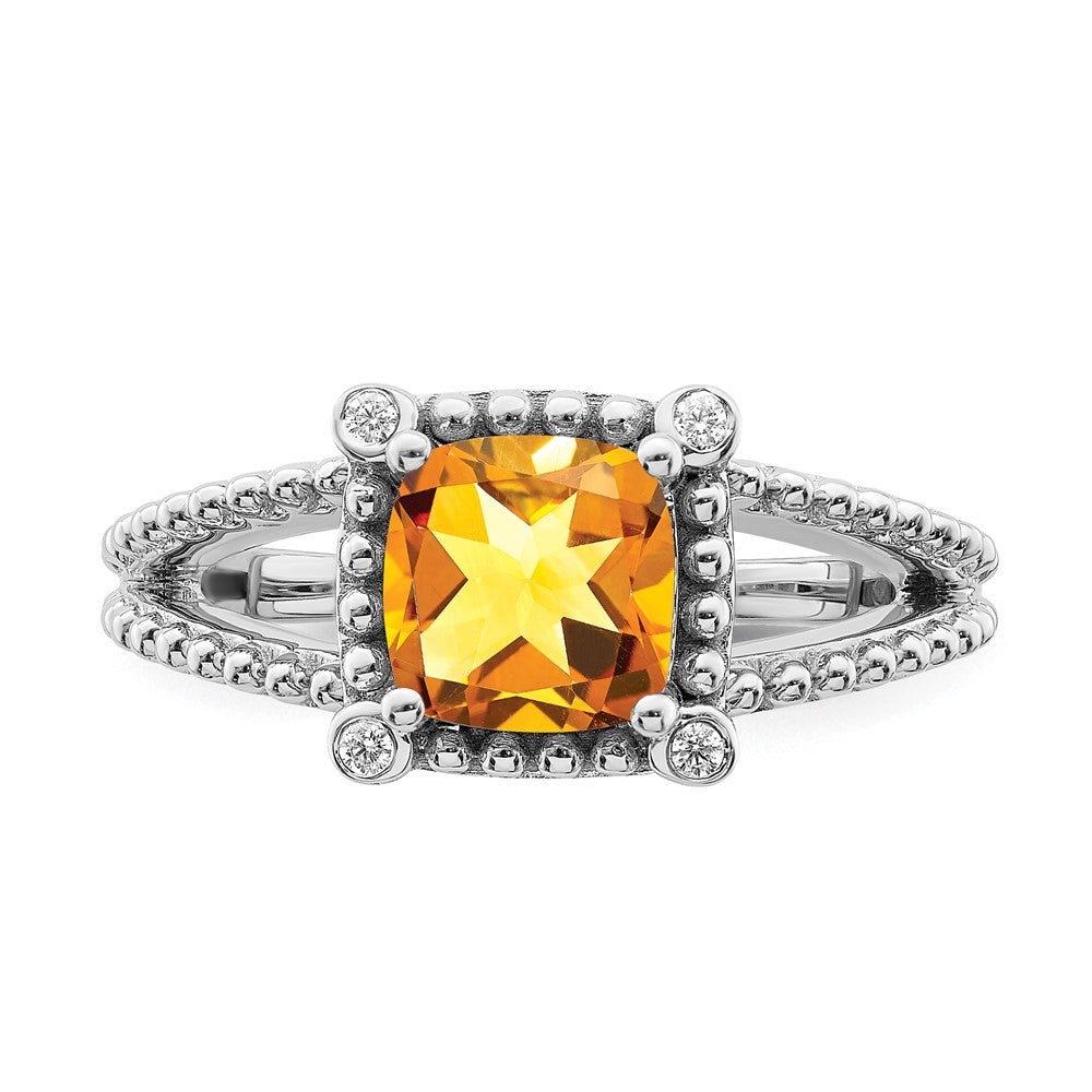 14K Weißgold Ring mit Citrin im Kissenschliff und echten Diamanten