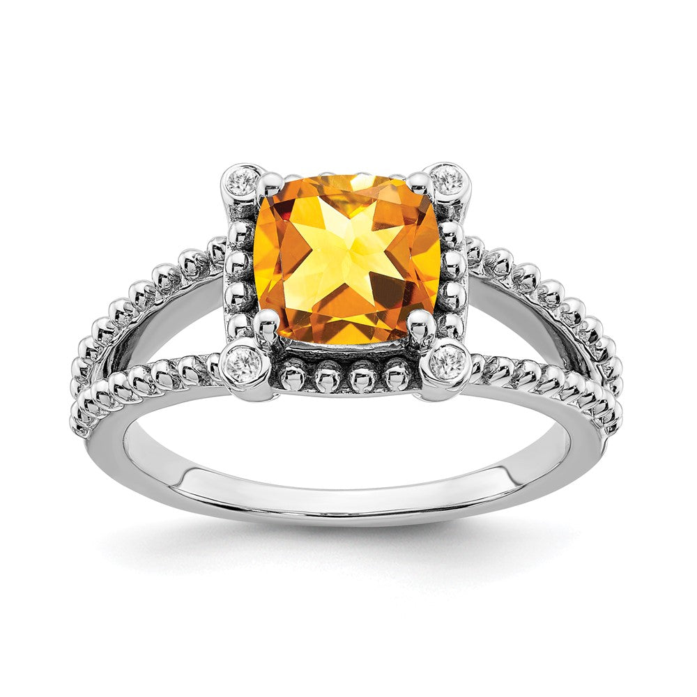 14K Weißgold Ring mit Citrin im Kissenschliff und echten Diamanten