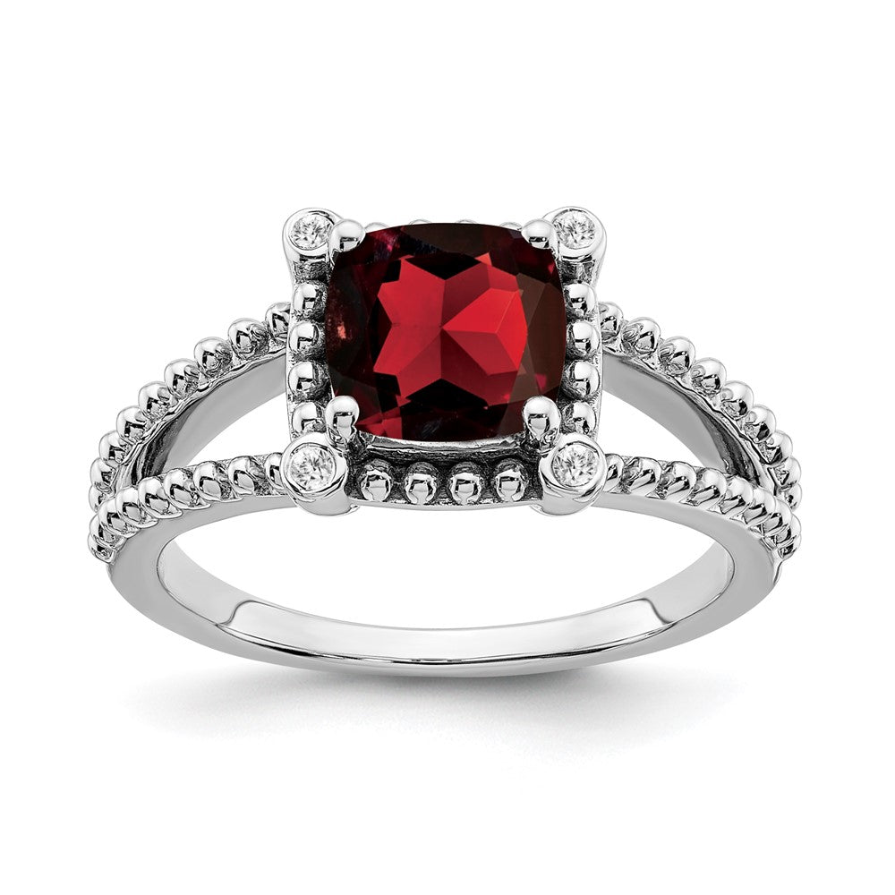 14K Weißgold Ring mit Granat im Kissenschliff und echten Diamanten