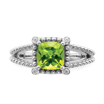 14K Weißgold Ring mit Kissenschliff-Peridot und echten Diamanten