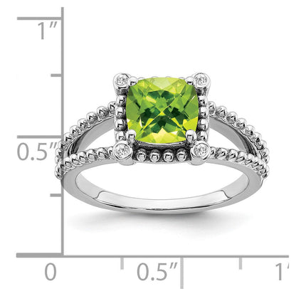 14K Weißgold Ring mit Kissenschliff-Peridot und echten Diamanten