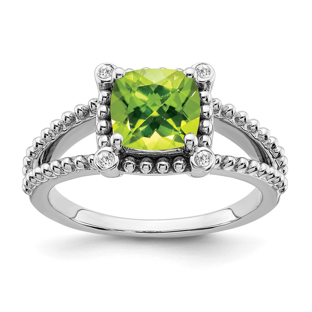 14K Weißgold Ring mit Kissenschliff-Peridot und echten Diamanten