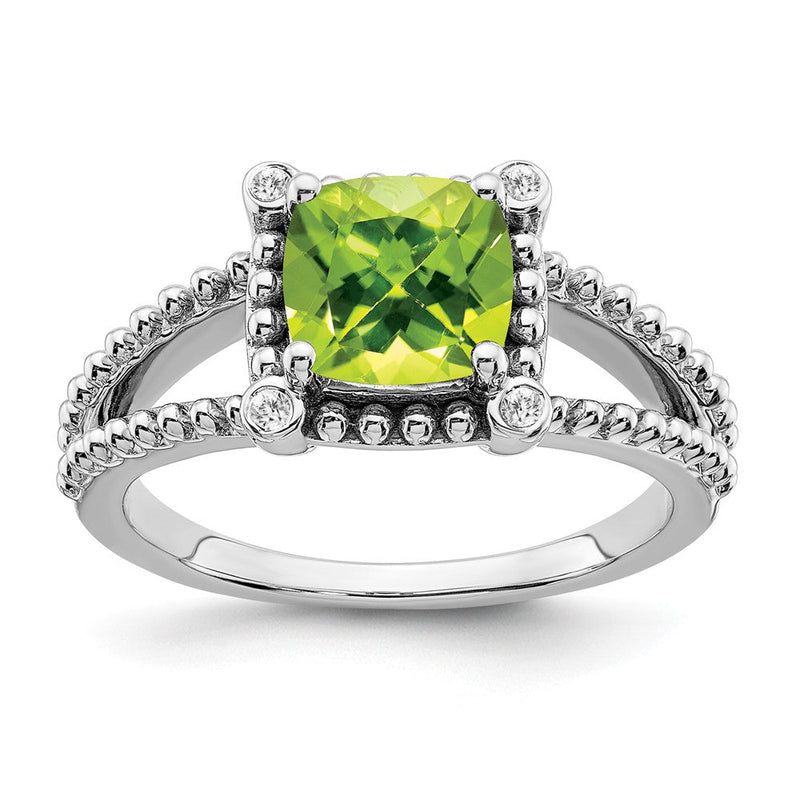 14K Weißgold Ring mit Kissenschliff-Peridot und echten Diamanten