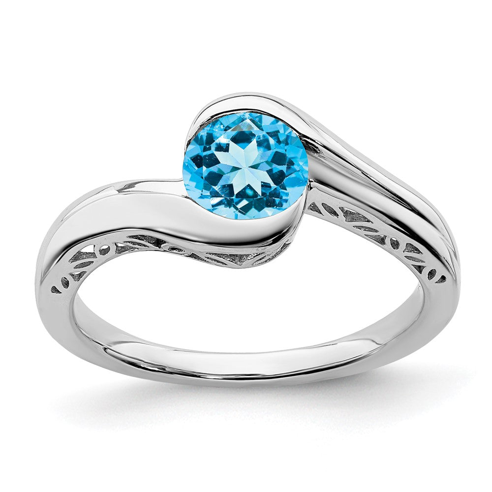Massiv 14K Weißgold Synthetisch Blautopas Bypass Ring