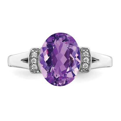 14K Weißgold Ring mit ovalem Amethyst und echten Diamanten