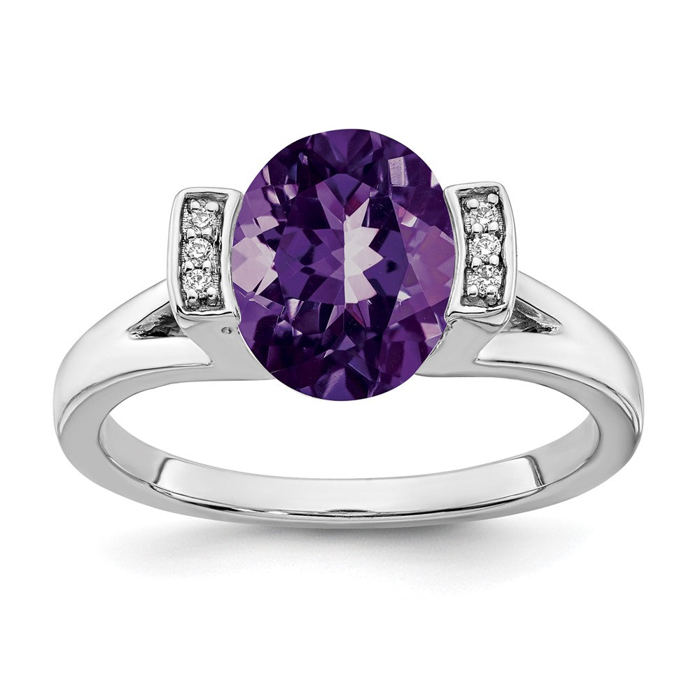 14K Weißgold Ring mit ovalem Amethyst und echten Diamanten