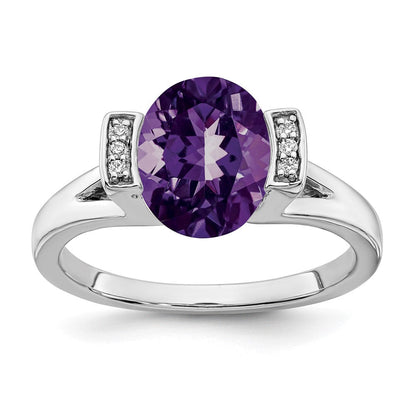 14K Weißgold Ring mit ovalem Amethyst und echten Diamanten