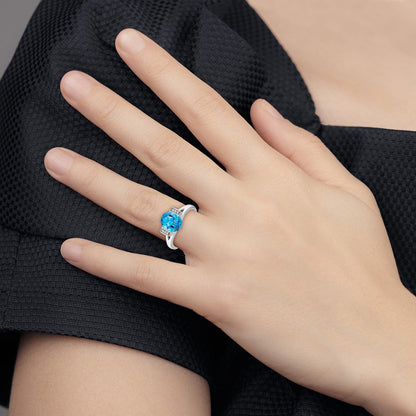 14K Weißgold Ring mit ovalem Blautopas und echten Diamanten