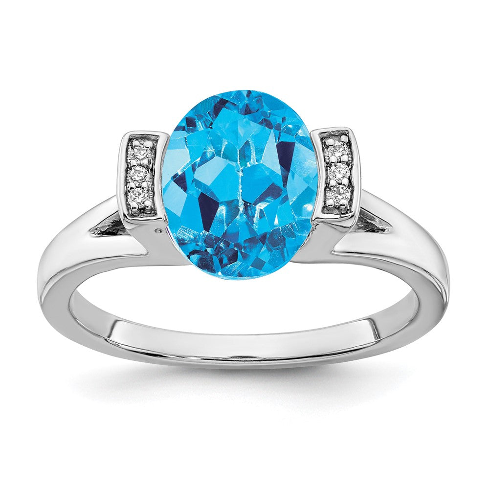 14K Weißgold Ring mit ovalem Blautopas und echten Diamanten