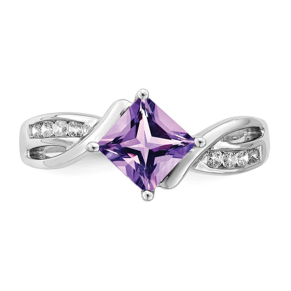 14K Weißgold Ring mit quadratischem Amethyst und echten Diamanten
