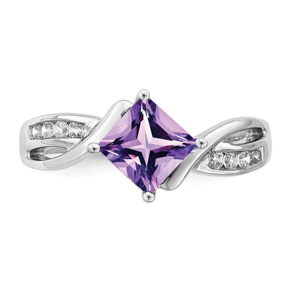 14K Weißgold Ring mit quadratischem Amethyst und echten Diamanten