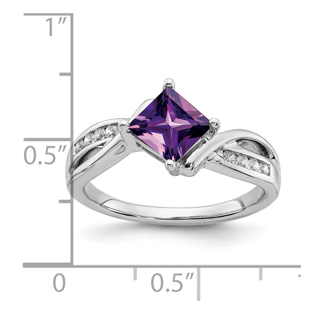 14K Weißgold Ring mit quadratischem Amethyst und echten Diamanten