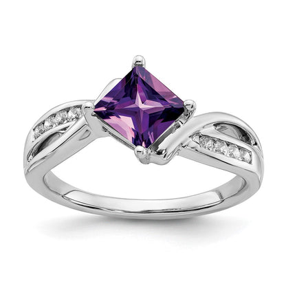 14K Weißgold Ring mit quadratischem Amethyst und echten Diamanten