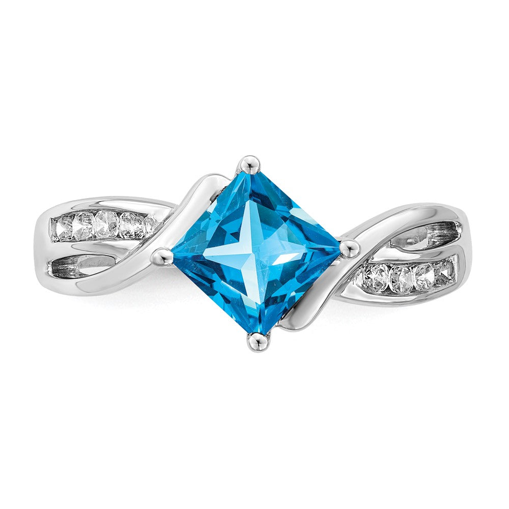 14K Weißgold Ring mit quadratischem Blautopas und echten Diamanten