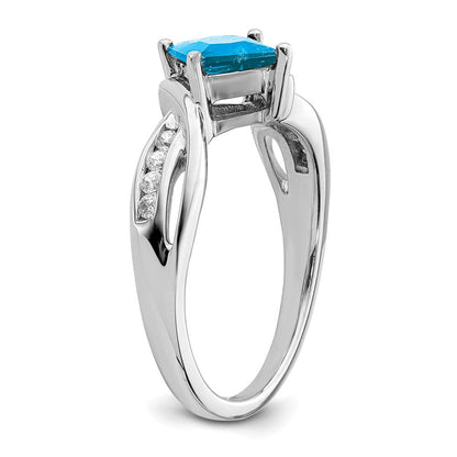 14K Weißgold Ring mit quadratischem Blautopas und echten Diamanten