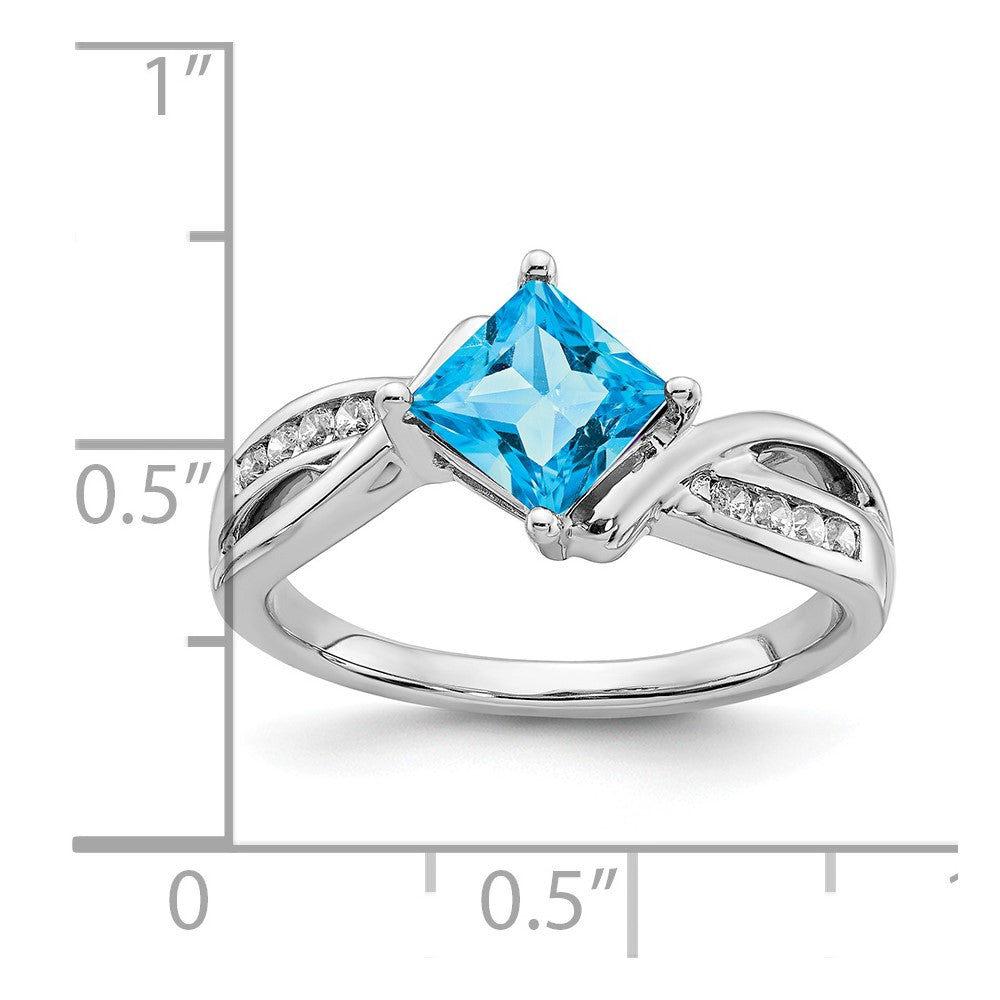 14K Weißgold Ring mit quadratischem Blautopas und echten Diamanten