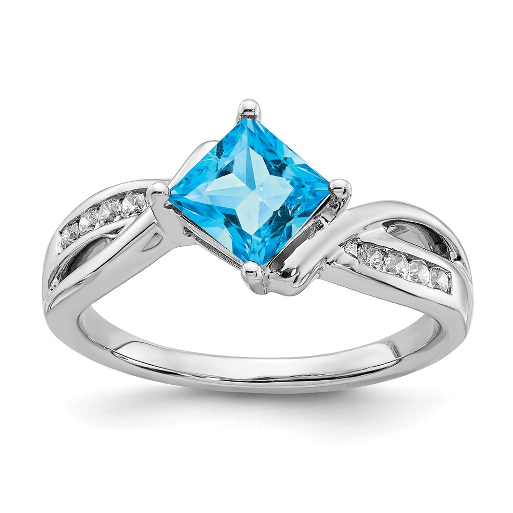 14K Weißgold Ring mit quadratischem Blautopas und echten Diamanten